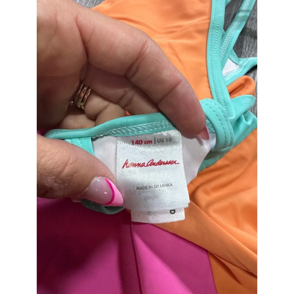 Hanna Andersson Girls One Piece Swimsuit Size 10 140cm Colorblock Pink Orange
